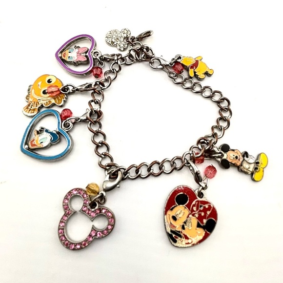 Disney Charm Bracelet Mickey Mouse Minnie Donald Pooh Crystal Enamel - Picture 1 of 7